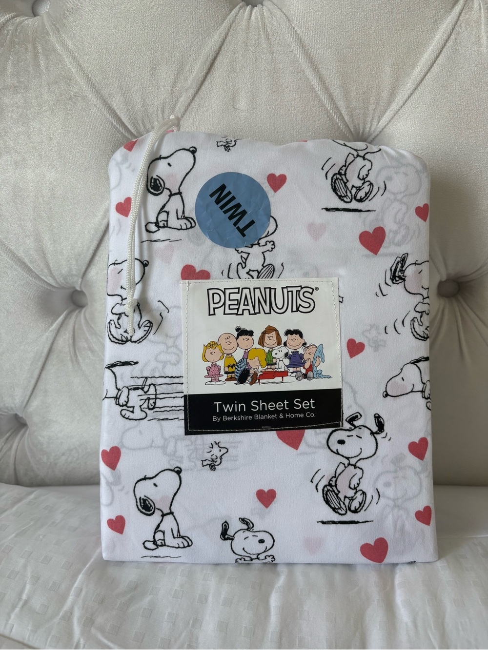 Peanuts Kids Pajamas Twin Sheet Set - White with Pink Hearts